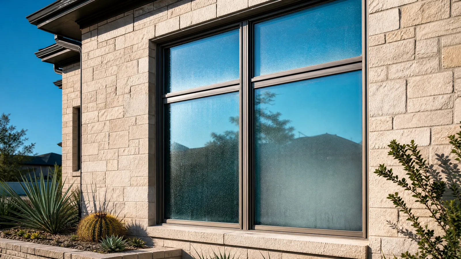 South-facing Texas home exterior showing intense sunlight hitting double-pane windows with early signs of seal failure