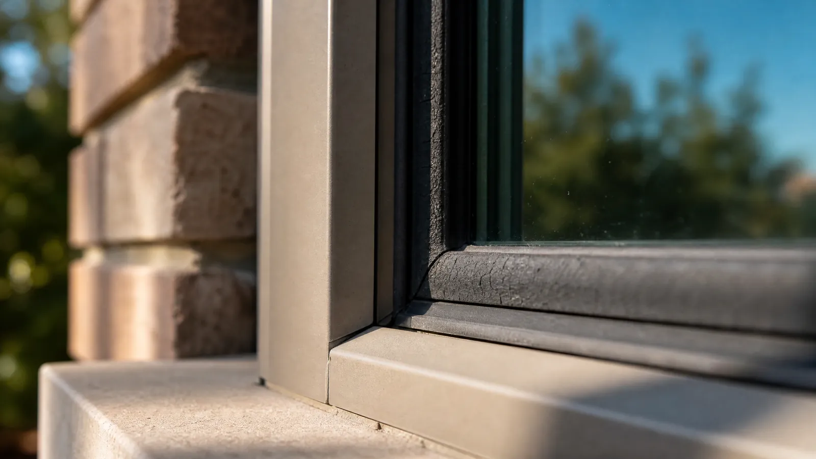 Extreme close-up of a degraded window seal showing UV damage and cracked rubber in harsh sunlight