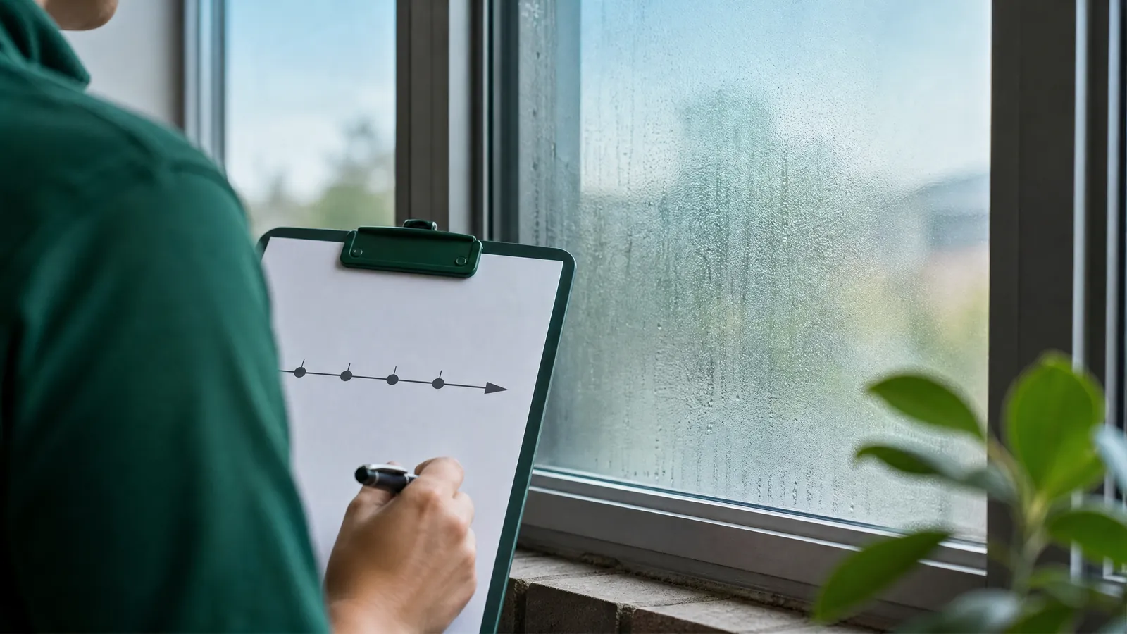 Close-up of a clipboard with a timeline chart resting against a foggy residential window frame