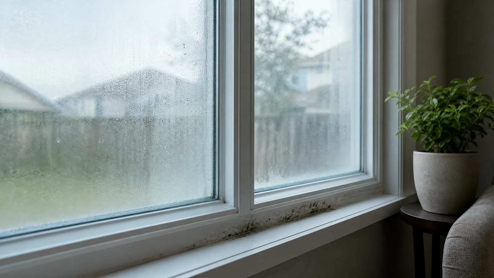 Close-up of a foggy double-pane window with condensation and early signs of mildew on the interior sill