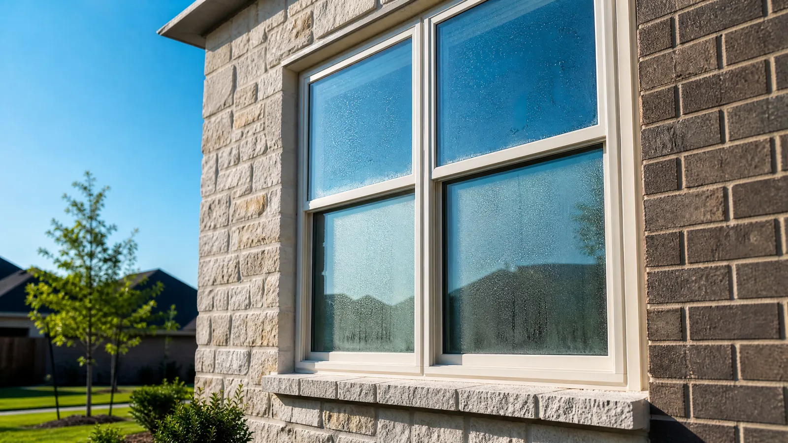 Close-up of a fogged builder-grade window on a modern brick home in a new suburban development