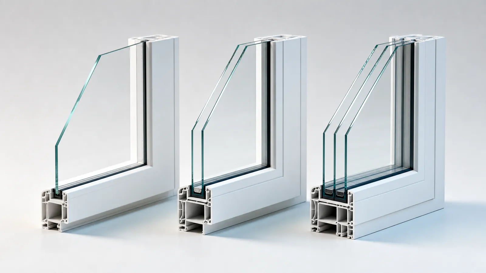A side-by-side comparison of window cross-sections highlighting single, double, and triple-pane glass structures