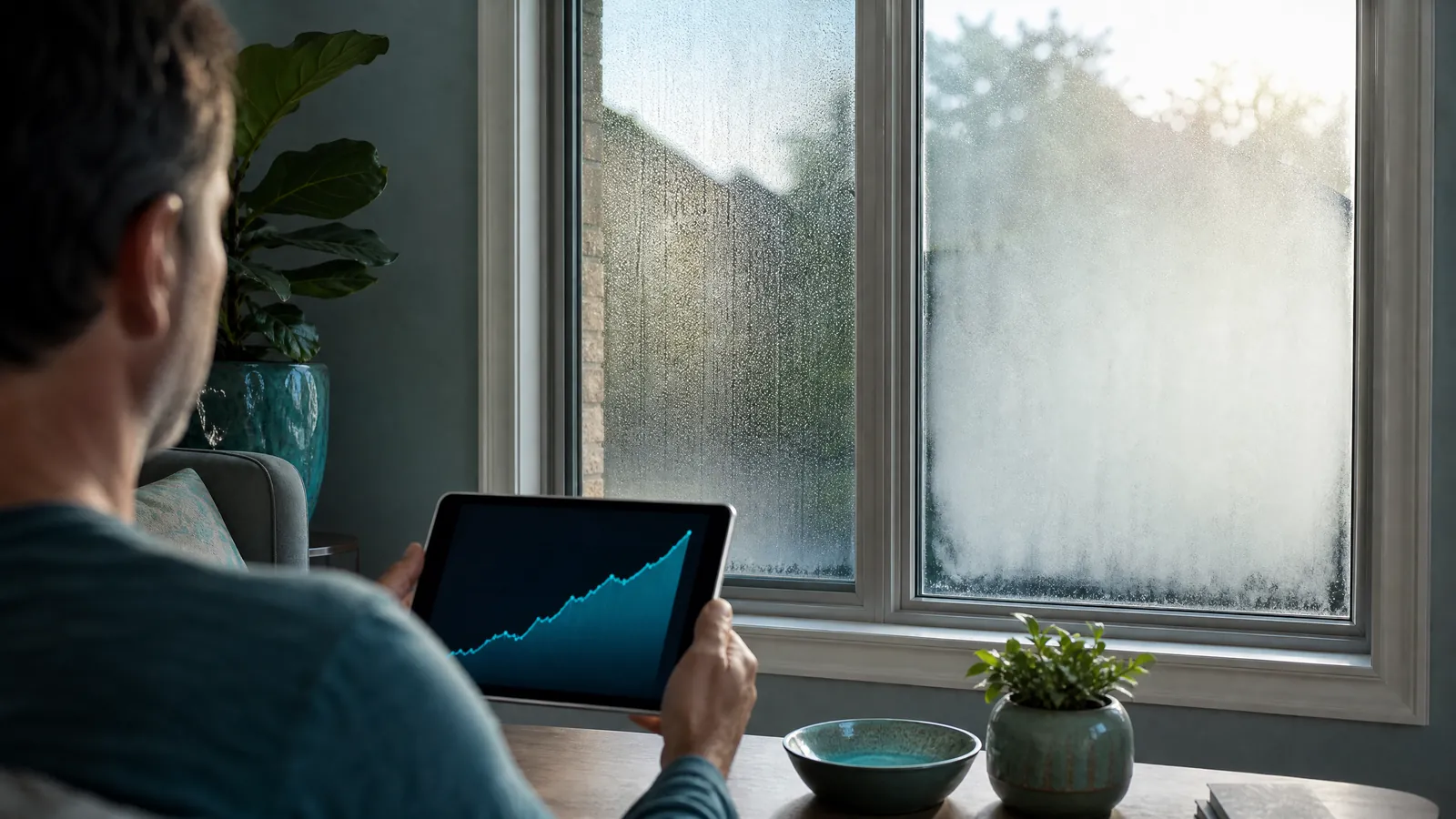 Homeowner reviewing energy usage near a heavily fogged double-pane window with trapped condensation