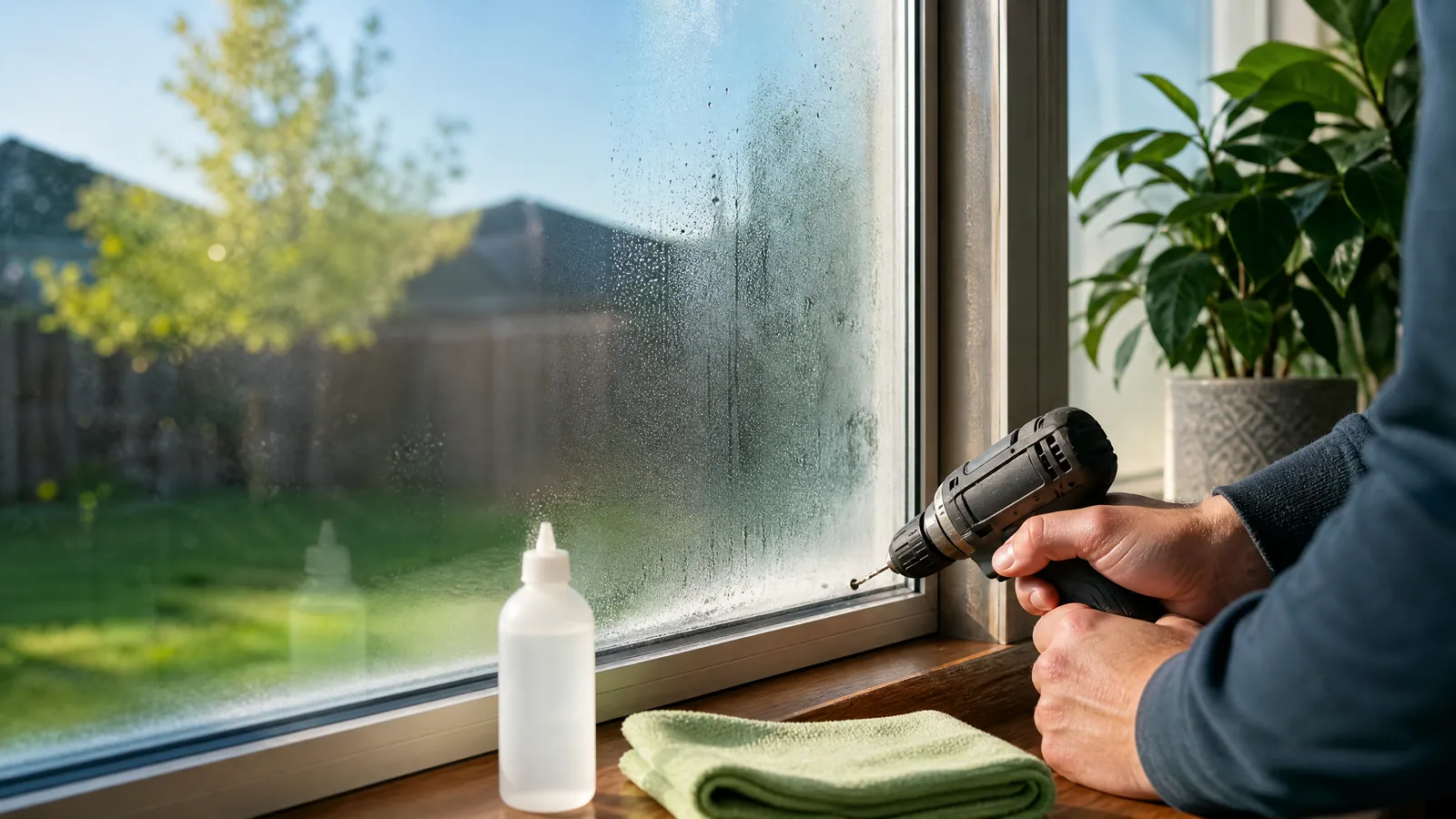 Homeowner hands holding a DIY defogging drill kit next to a foggy double-pane residential window