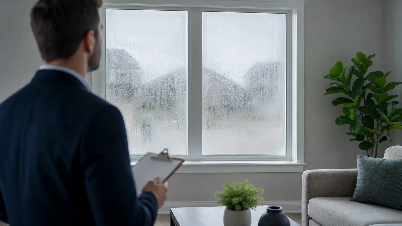 landlord inspecting foggy double-pane window in rental property with clipboard in hand