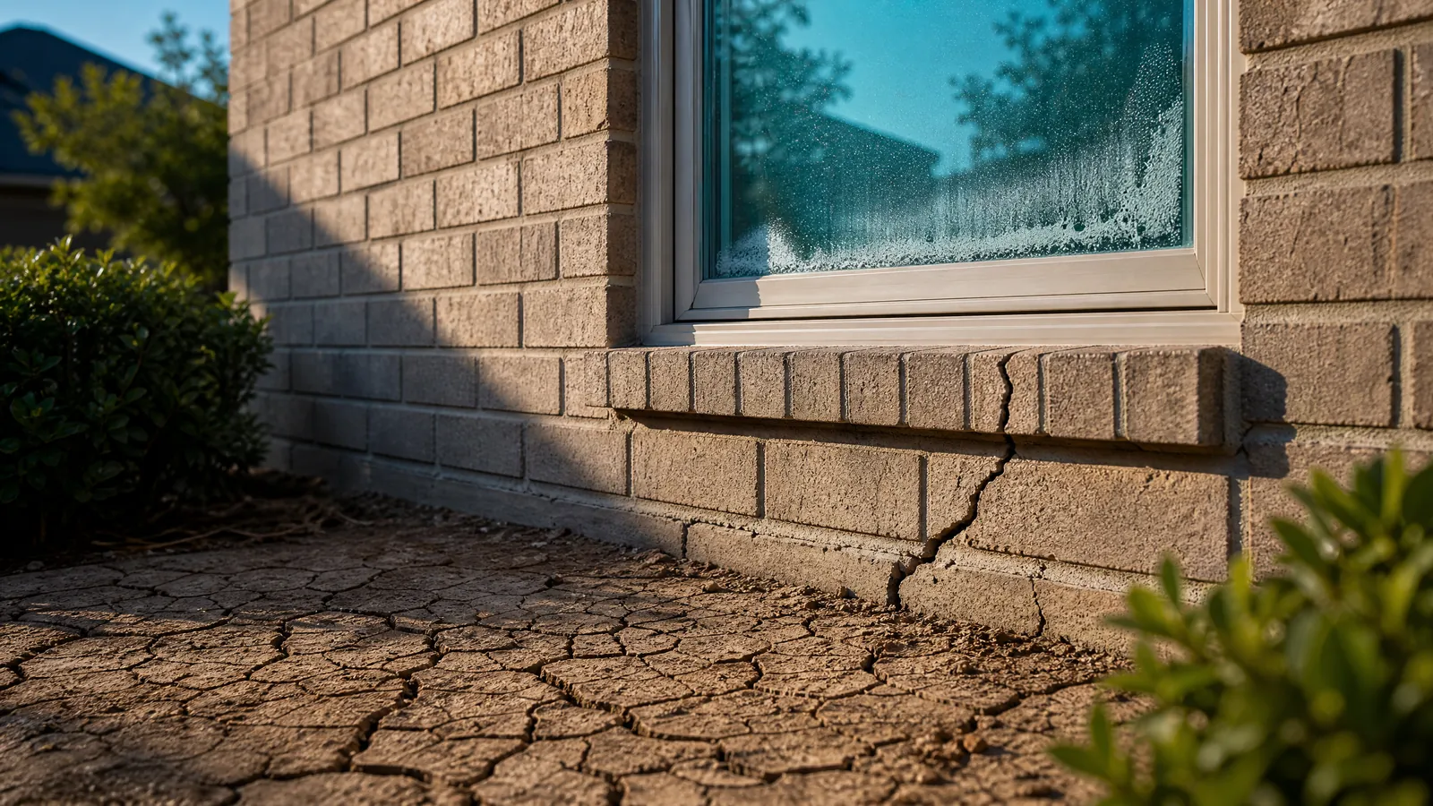 Close-up of a residential window showing foggy condensation near a cracked brick wall and dry clay soil