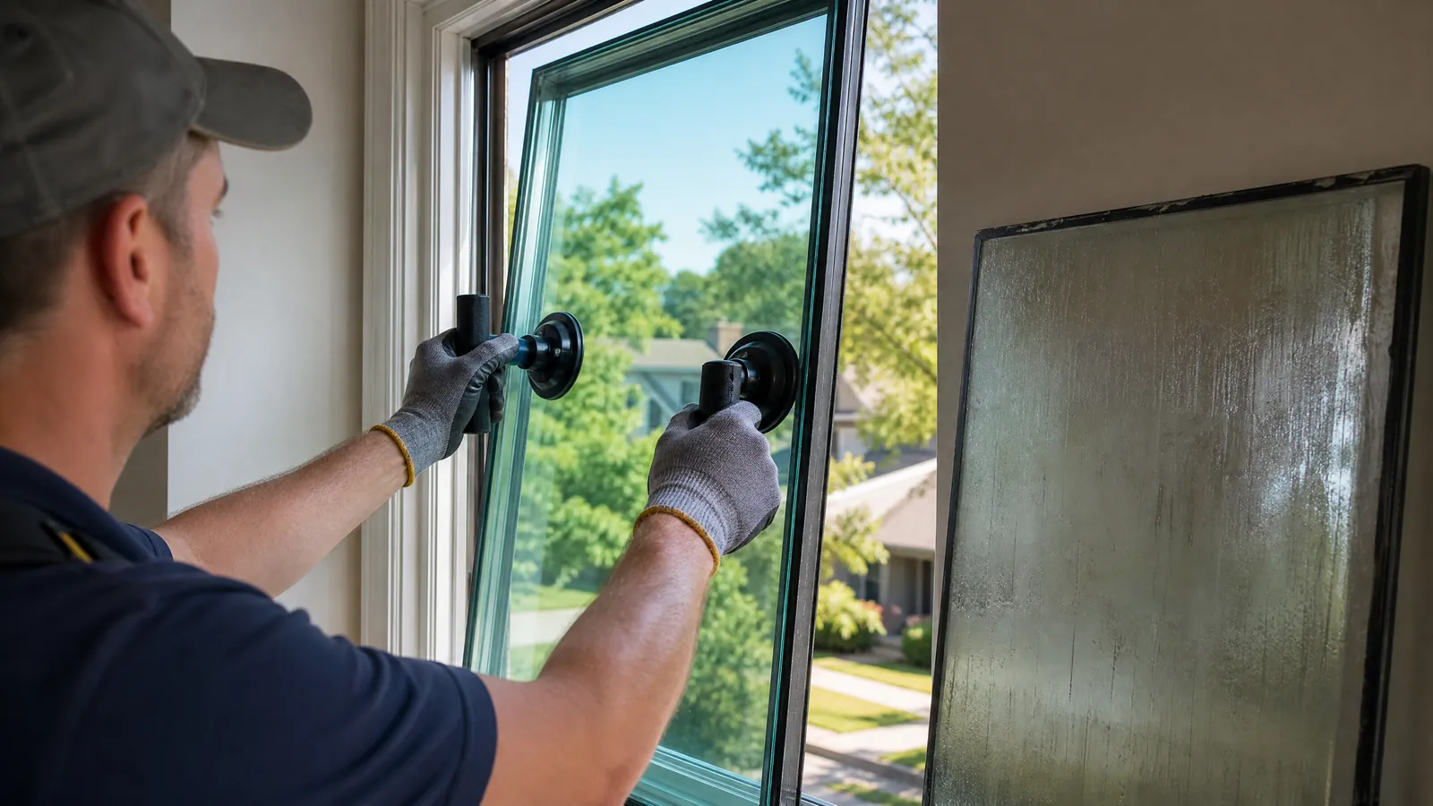 Professional installing a Low-E insulated glass unit to replace a foggy window with energy-efficient upgrades