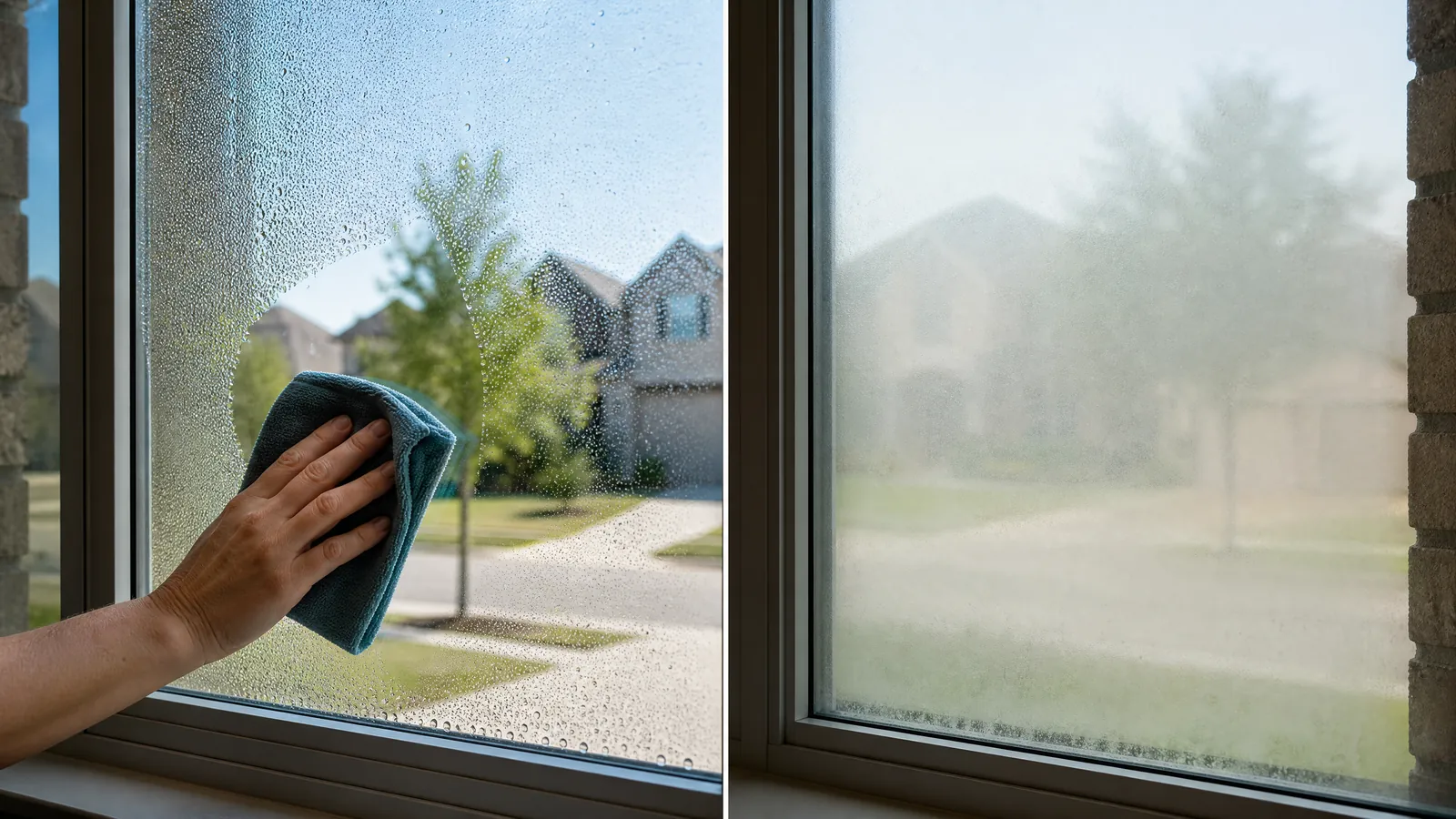 Side-by-side comparison of wipeable window condensation versus permanent internal glass fog from seal failure