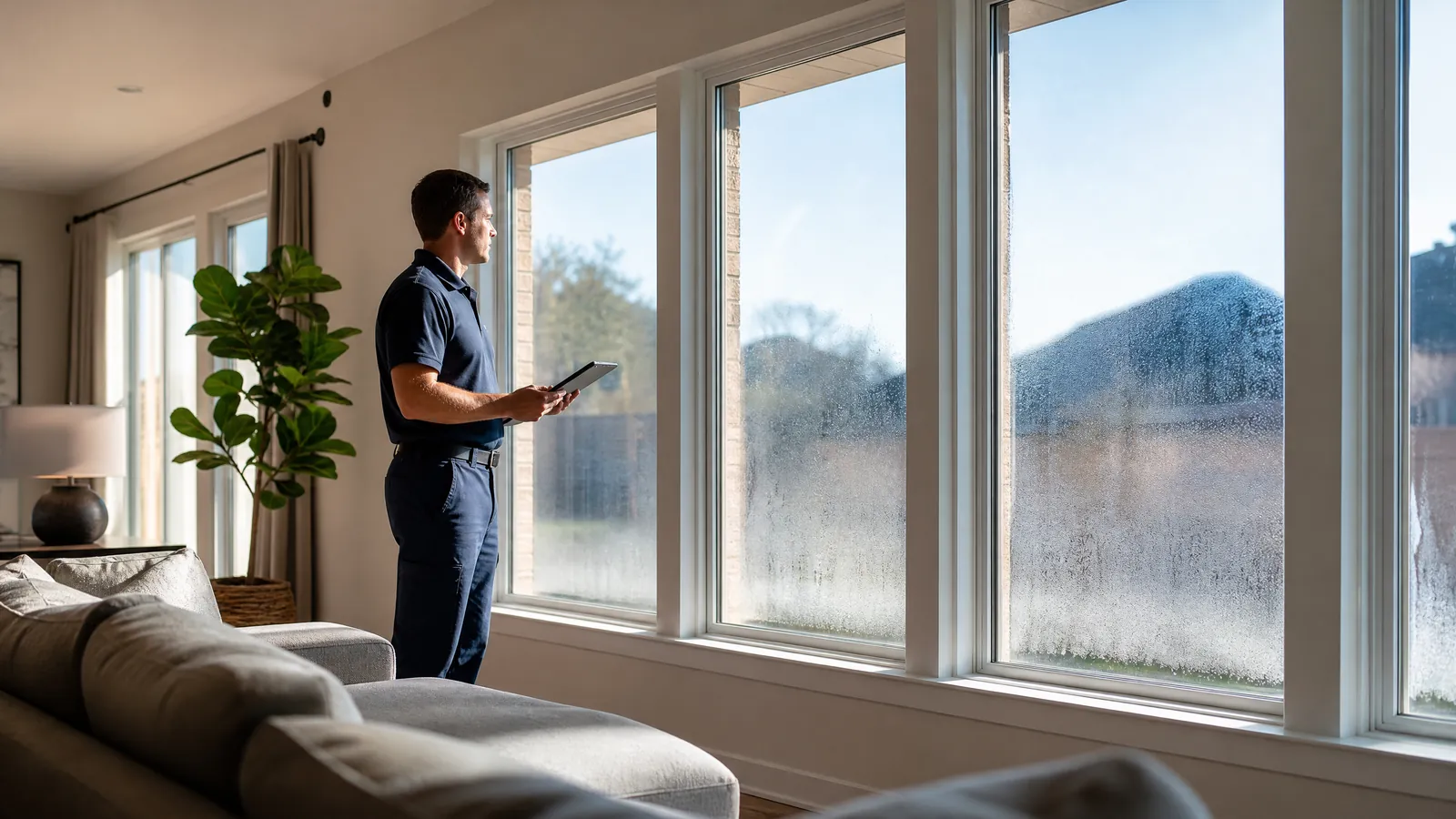 Professional inspecting multiple failed windows during a whole-home assessment in a bright residential living room