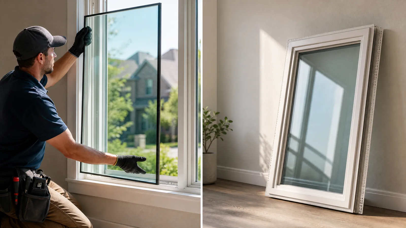 Side-by-side comparison of replacing a foggy glass unit versus a completely new window frame installation