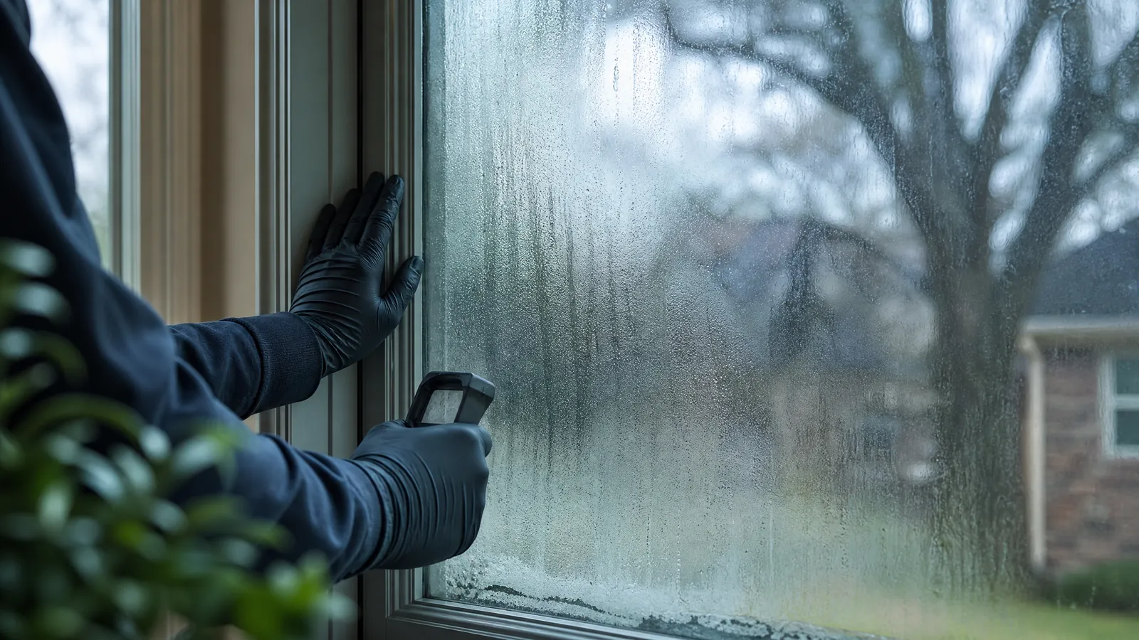 Close-up of a technician examining a foggy window pane in a Plano home with specialized tools