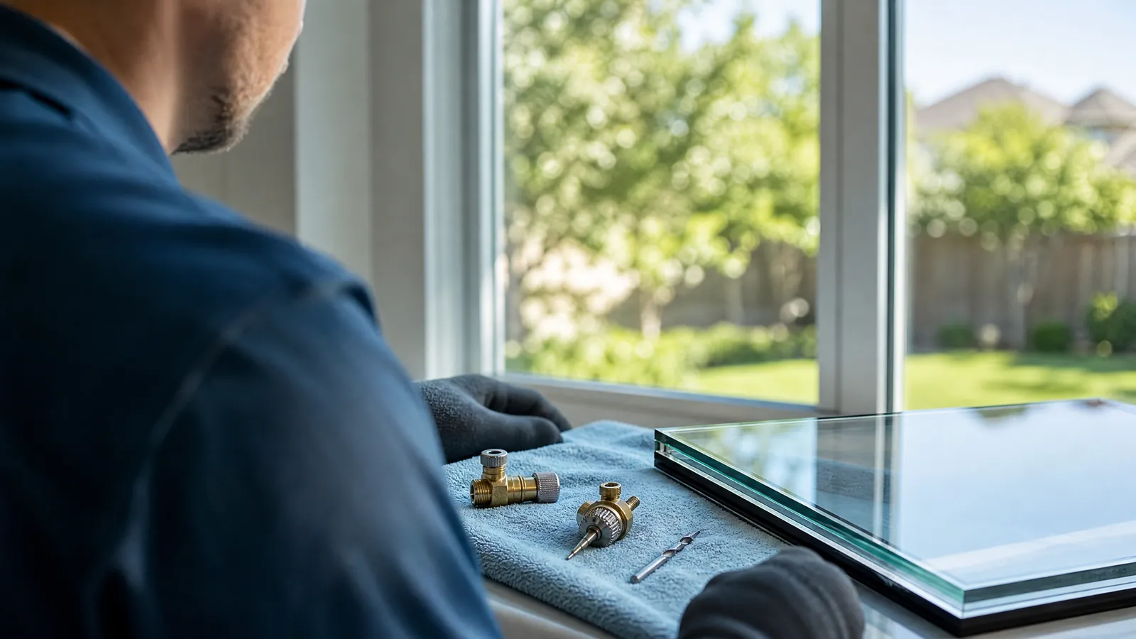 Technician comparing defogging tools and a replacement glass pane in a Frisco home