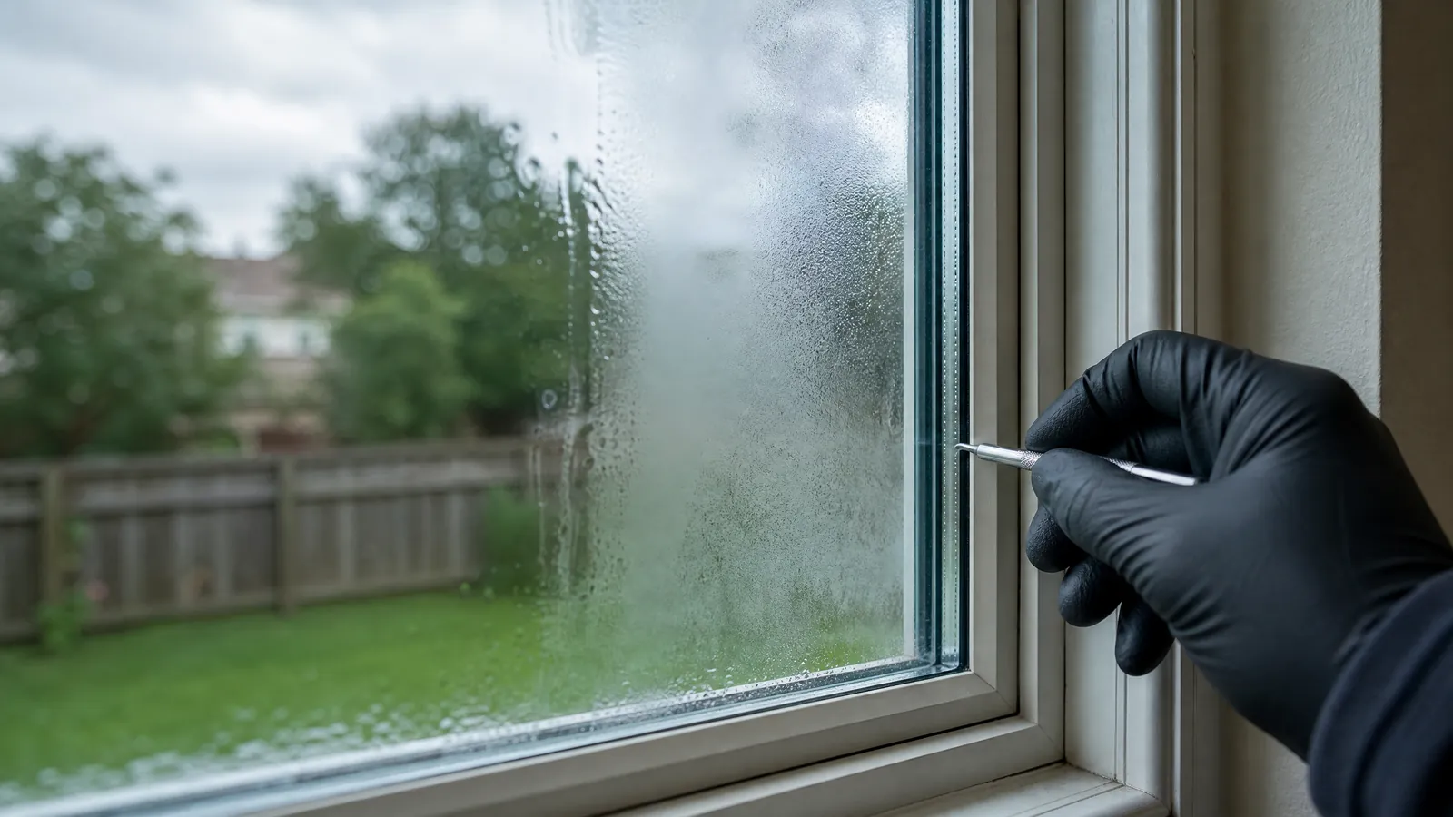 Professional assessing condensation between double-pane window glass with repair tools