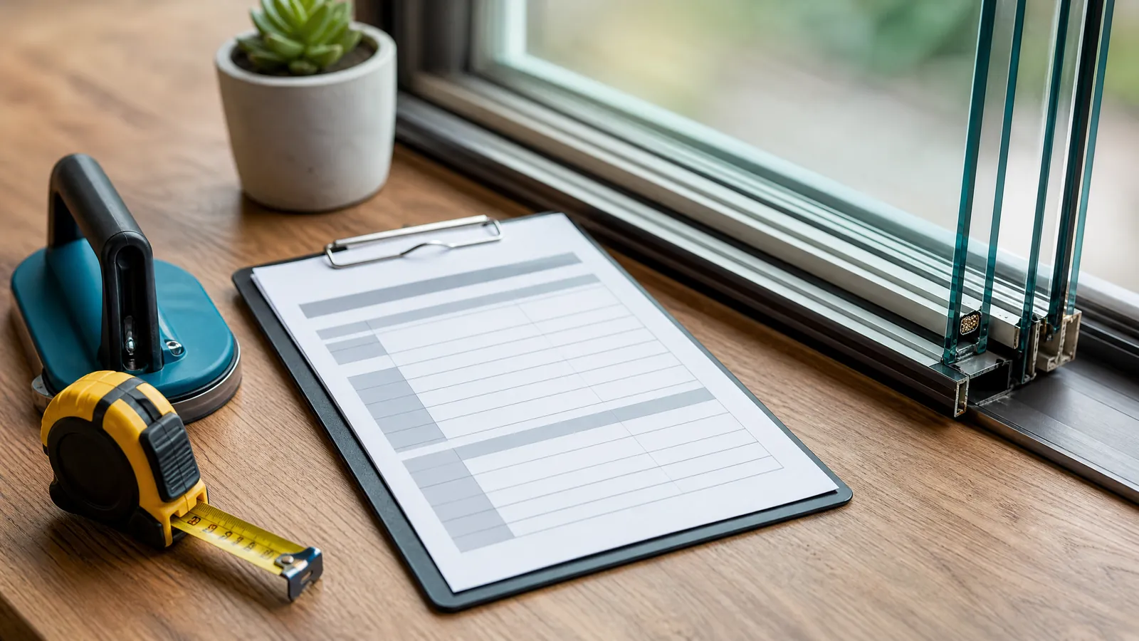 Detailed itemized invoice overlaying a partially replaced double-pane window unit