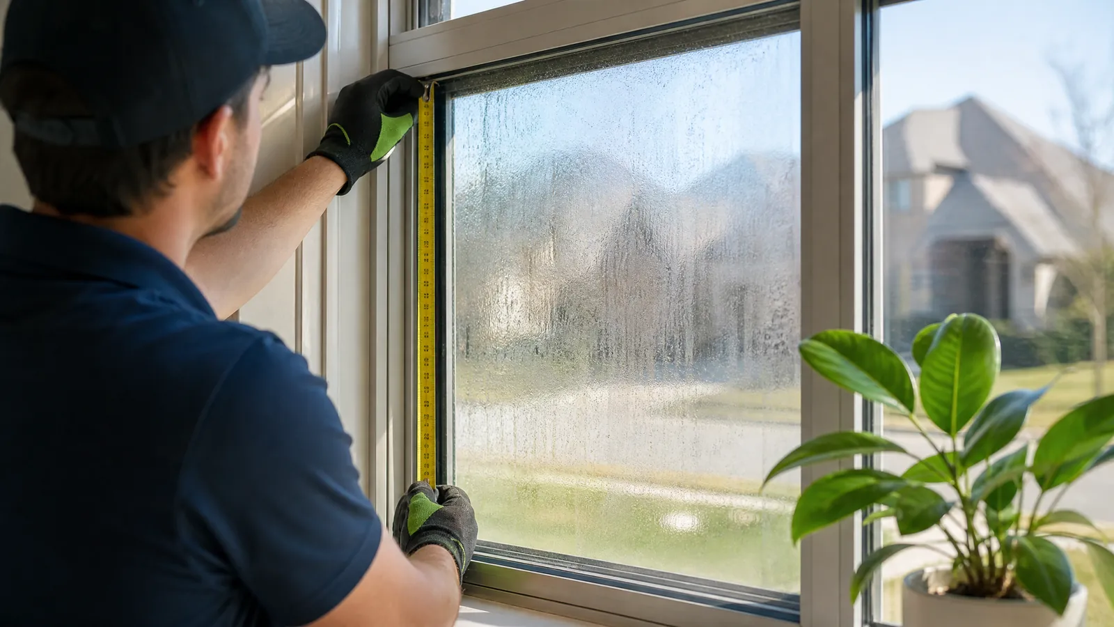 Close-up of a glass technician measuring a foggy window frame in a sunlit suburban home