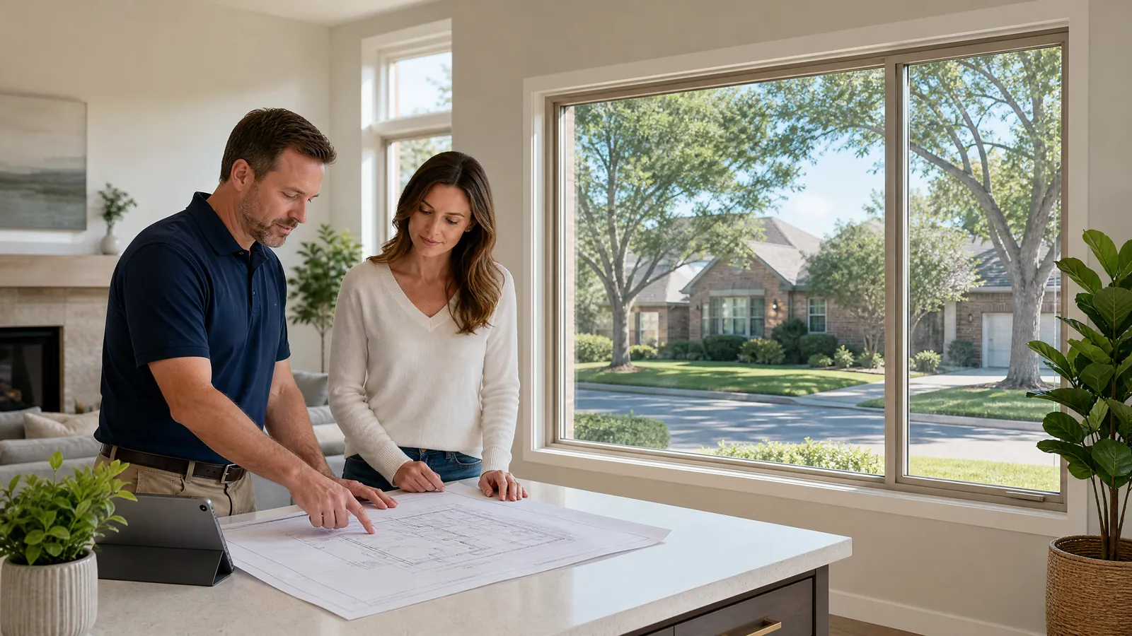 Homeowner and contractor reviewing blueprints near large modern windows in a Dallas home