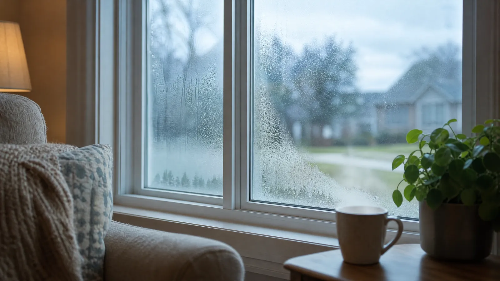 Close-up of a residential window with heavy condensation trapped between the glass panes during a cool morning