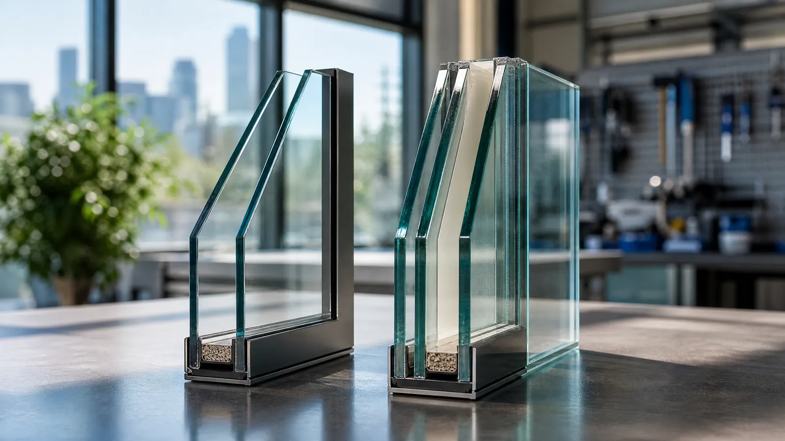 Side-by-side comparison of standard insulated glass and laminated glass cross-sections on a modern workbench