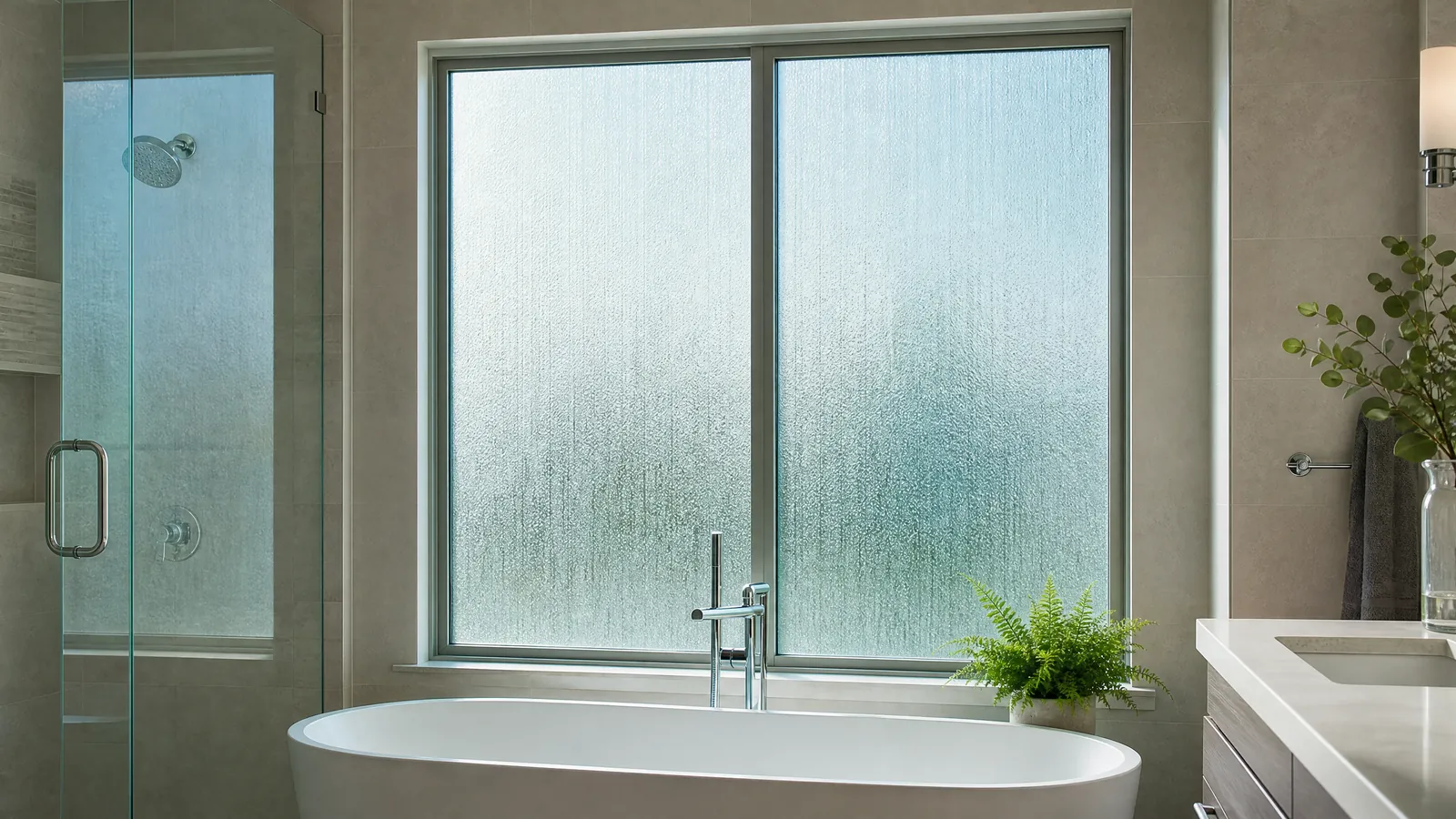 Frosted privacy glass window installed above a soaking tub in a modern North Texas residential bathroom