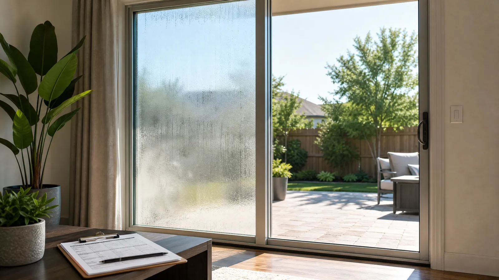 Foggy sliding glass door panel next to a clear glass panel in a modern living room