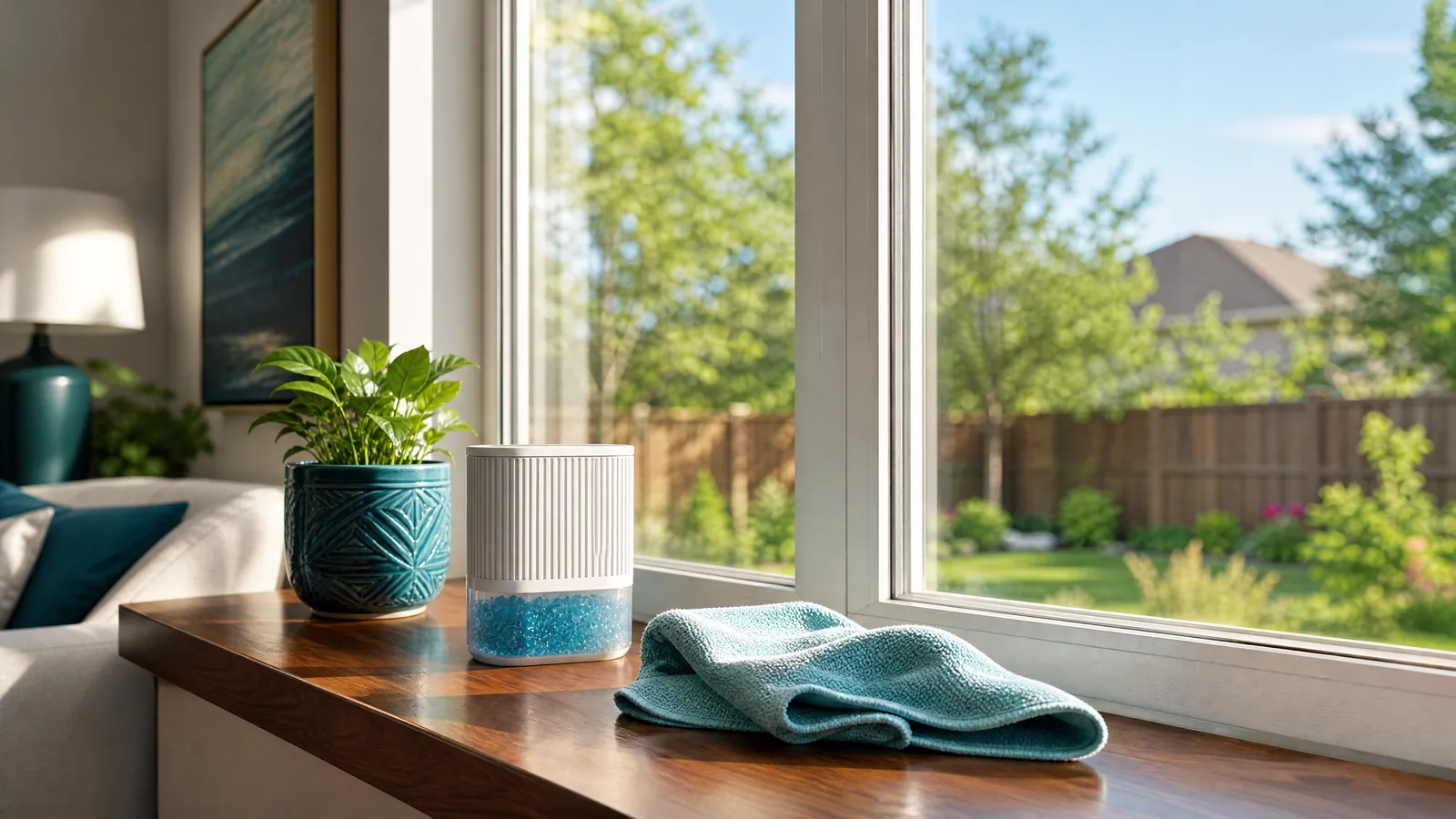 A clean microfiber cloth and moisture absorber on a windowsill in a sunny Plano home
