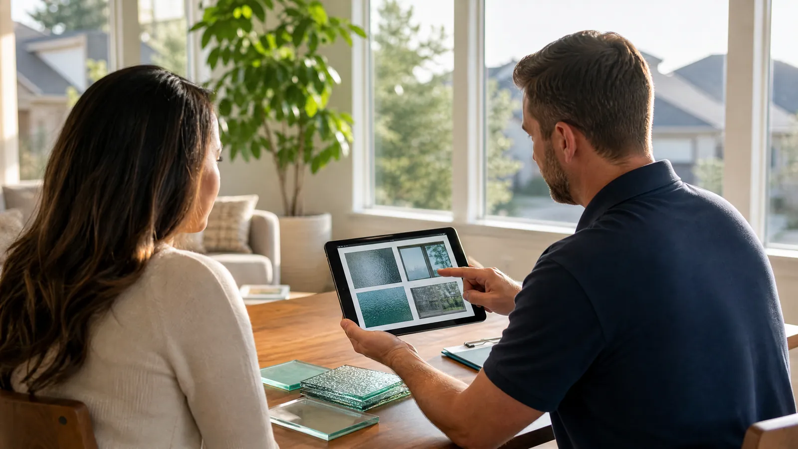Frisco homeowner reviewing window replacement options and costs on a tablet with a glass professional