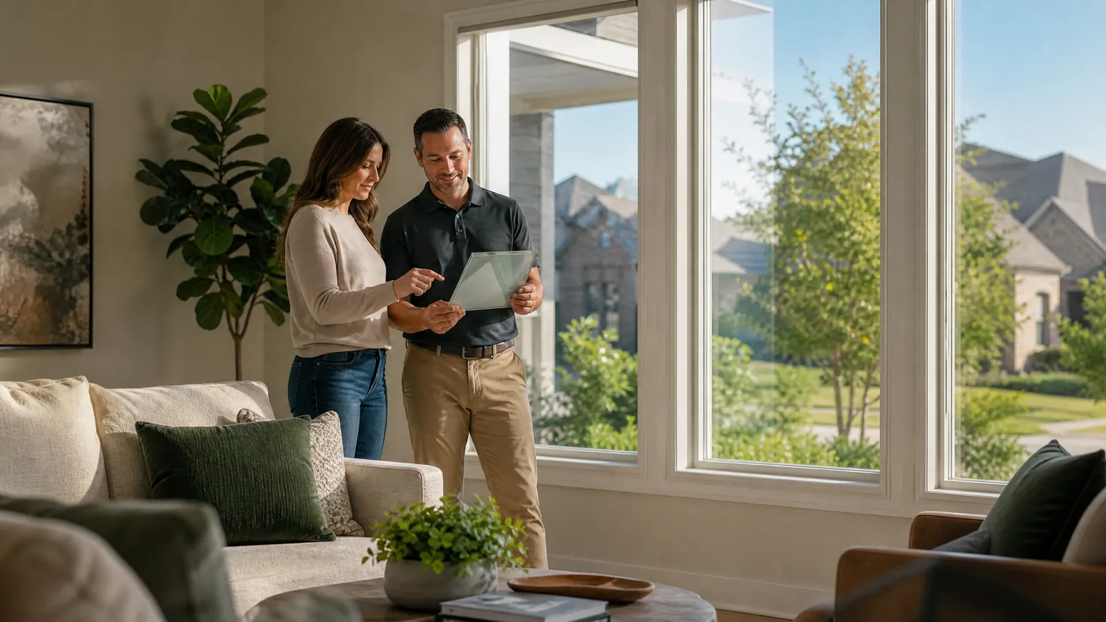 homeowner and window consultant reviewing glass samples in a bright modern Frisco living room