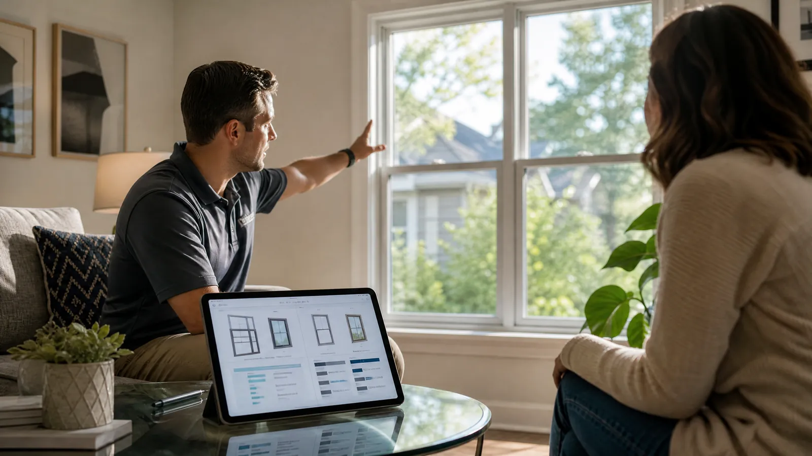 Homeowner and specialist reviewing window replacement options on a tablet in an Arlington living room