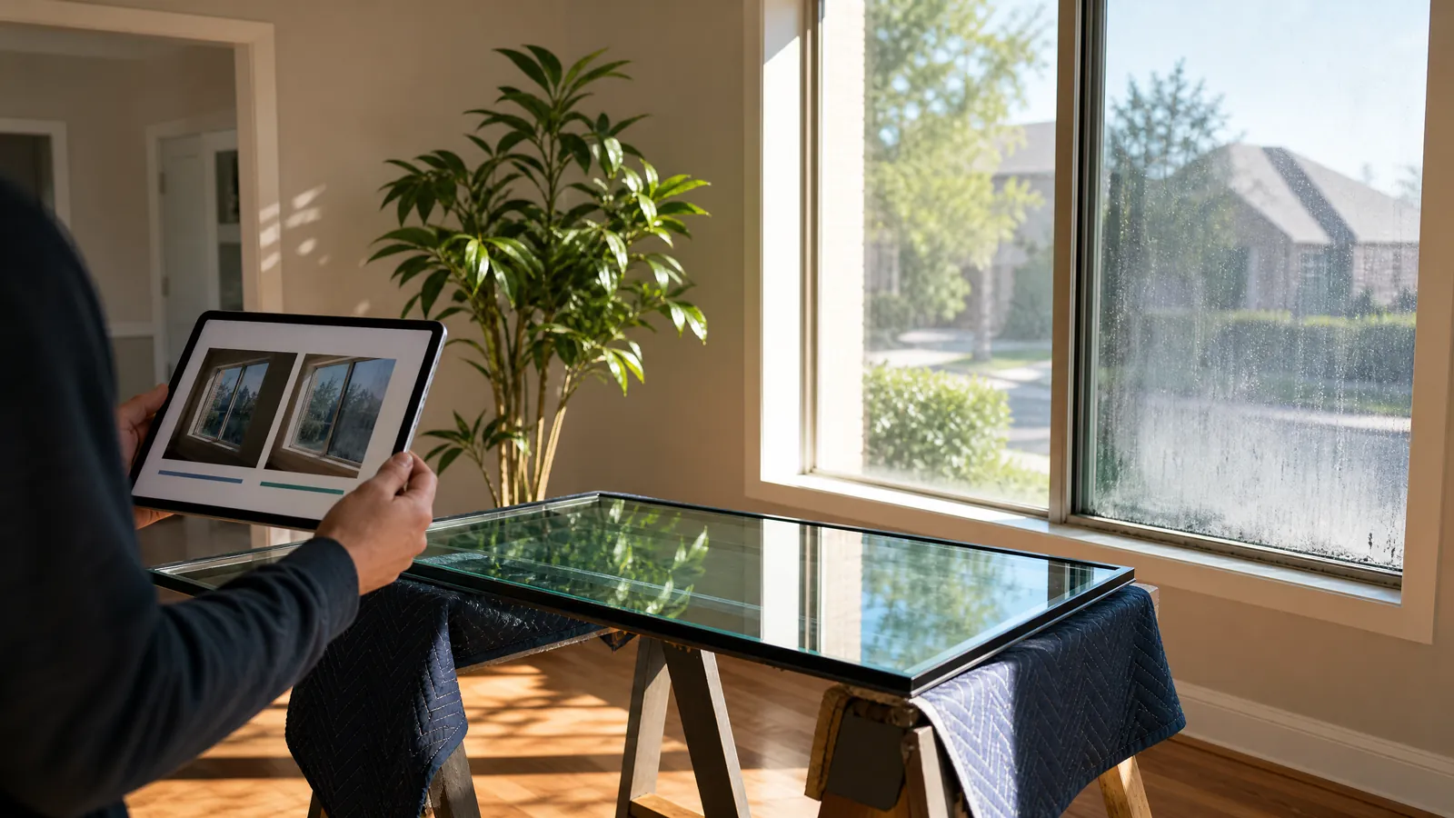 Homeowner comparing window replacement options with a new glass pane and a digital tablet in a Garland residence