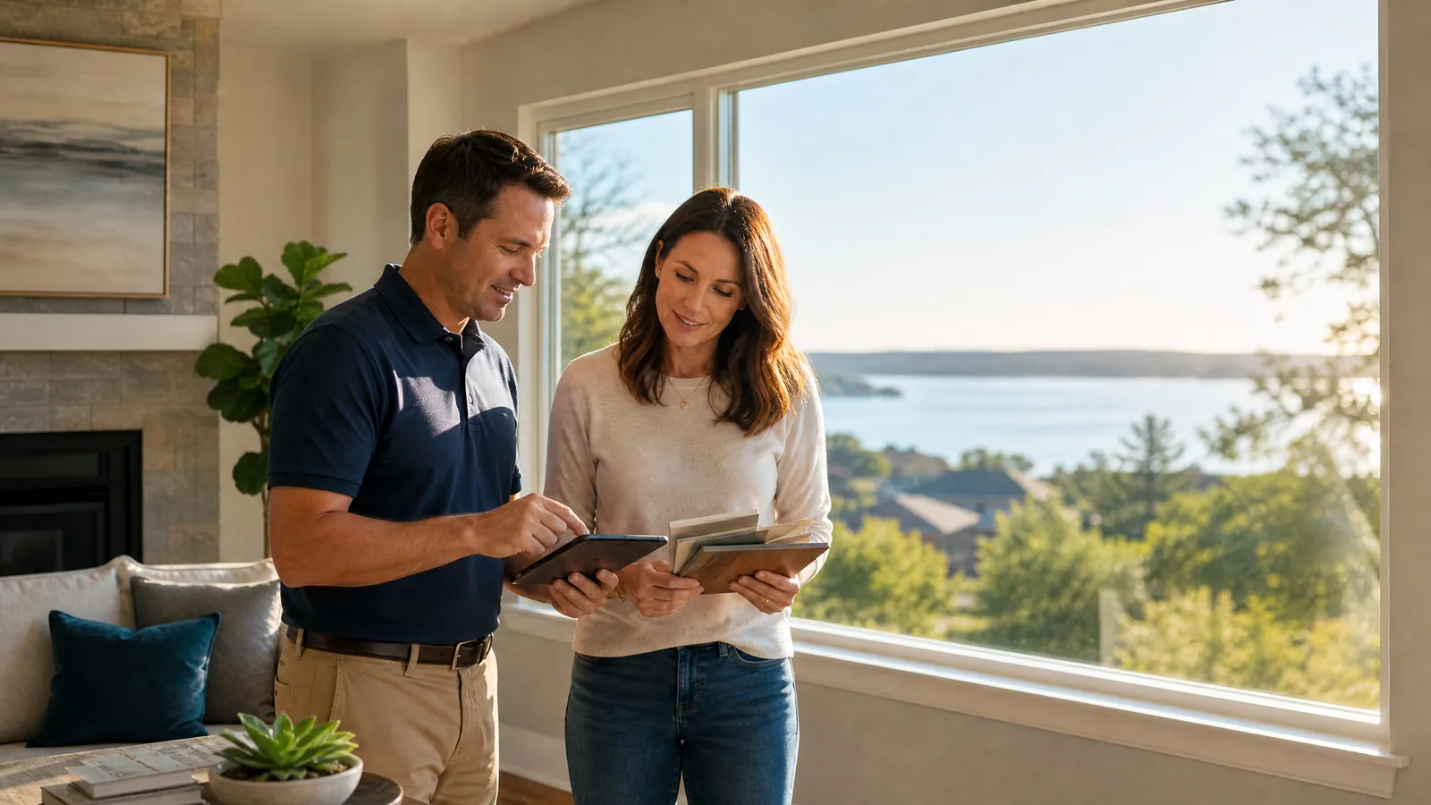 Homeowner and window expert discussing glass replacement options near a large picture window in Garland