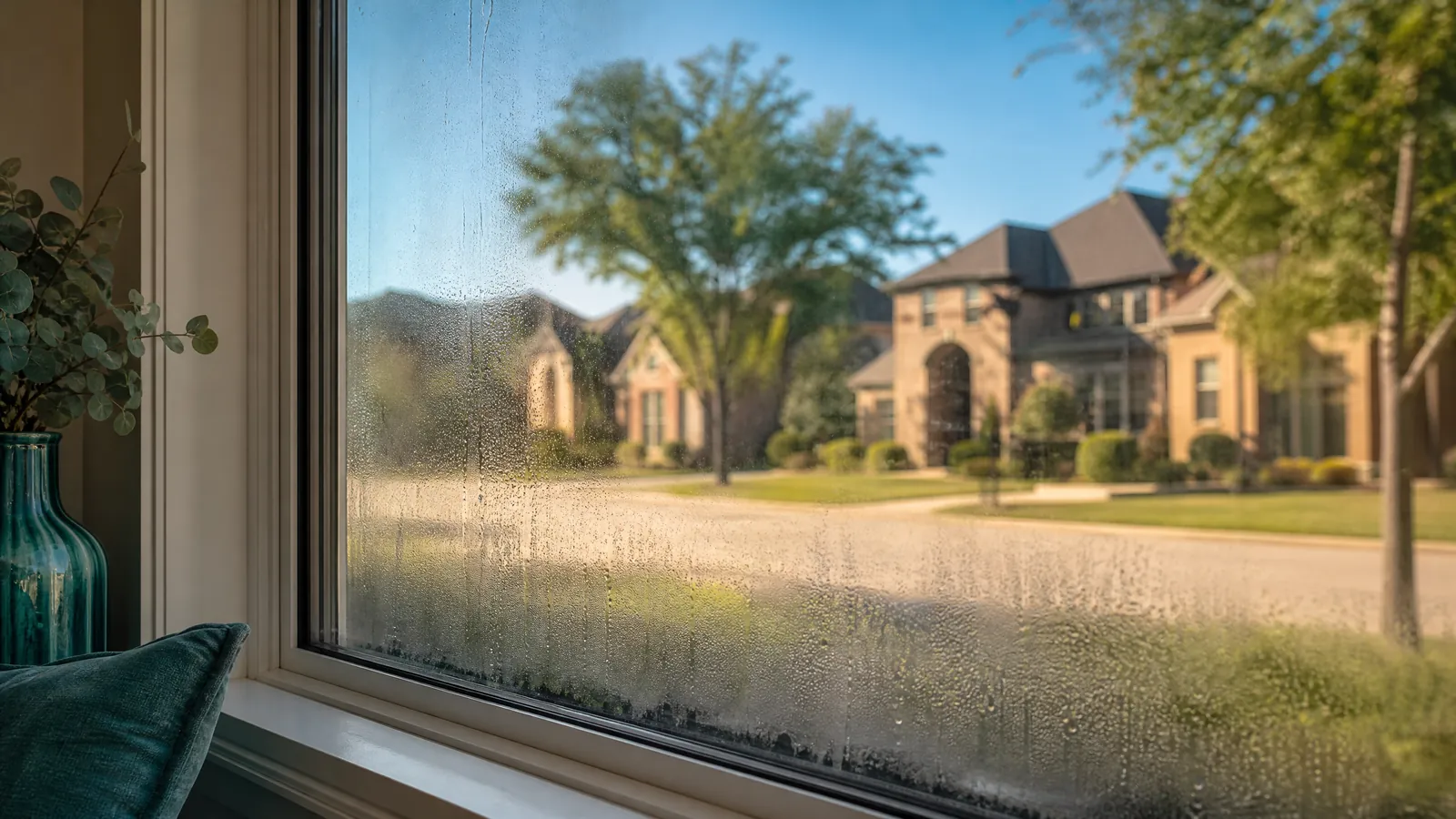 Foggy double-pane window obscuring a view of an upscale Dallas suburban neighborhood with lush green trees
