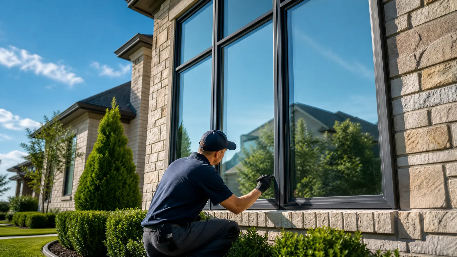 Modern Irving Las Colinas home exterior showing professional window inspection with clear reflections and green landscaping