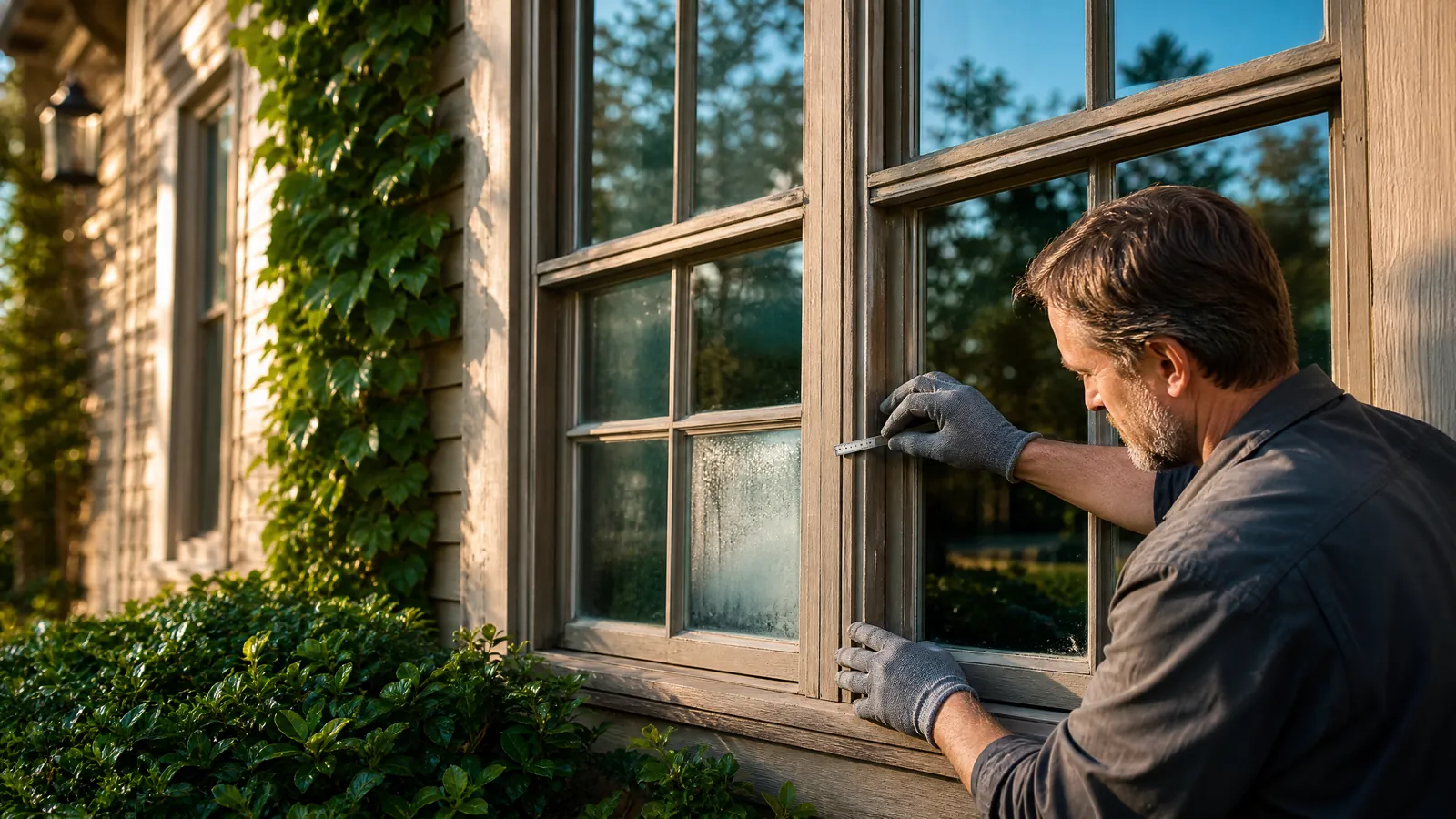 Close-up of a professional inspecting a foggy window pane on a historic McKinney home to preserve the original wooden frame