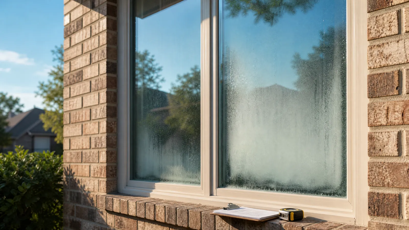 Close-up of a foggy double-pane window with condensation on a brick home in Mesquite Texas