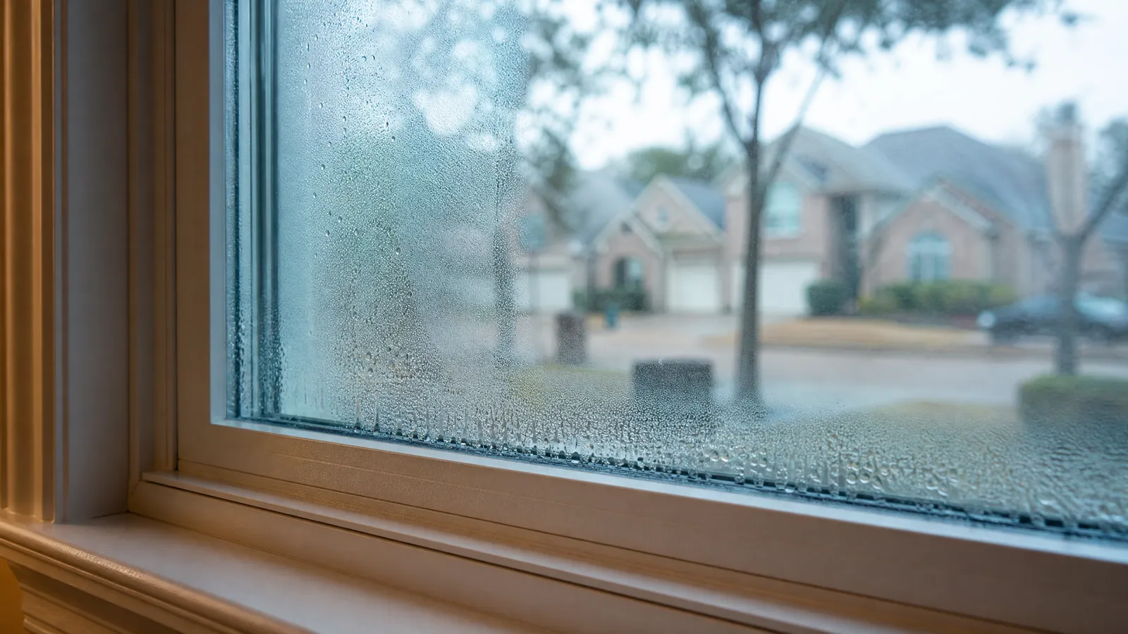 Foggy double-pane window showing condensation between the glass in a Dallas home