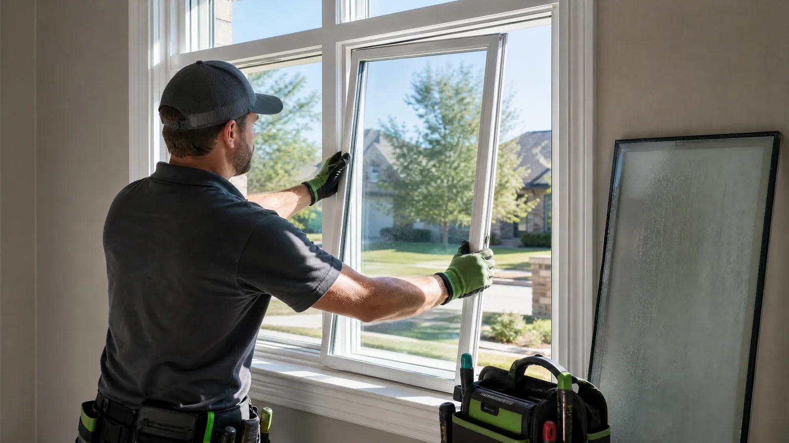 Technician replacing an insulated glass unit in a double-pane window frame without removing the entire structure