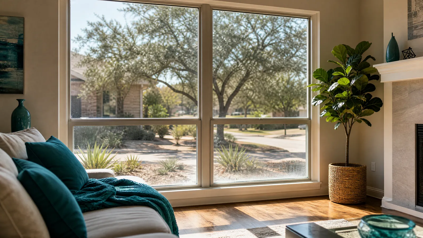 Large double-pane window in a Texas home showing subtle signs of age under intense summer sunlight