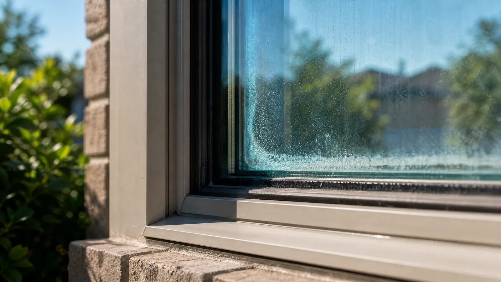 Close-up of a compromised double-pane window seal showing trapped condensation and spacer degradation under intense sunlight