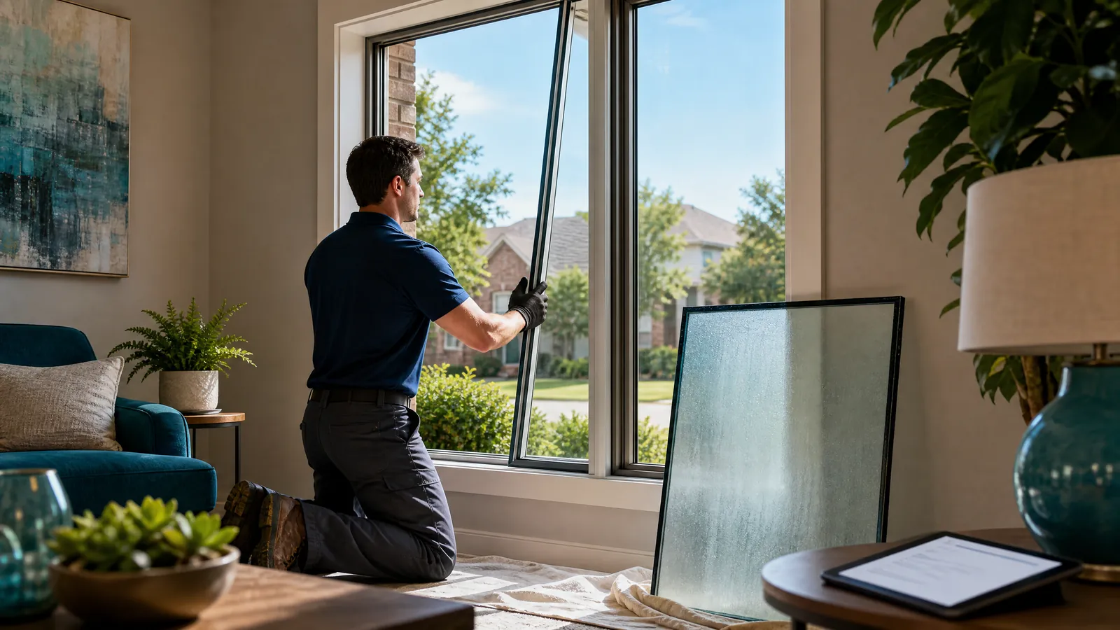 Professional technician replacing a foggy insulated glass unit in a modern Dallas living room