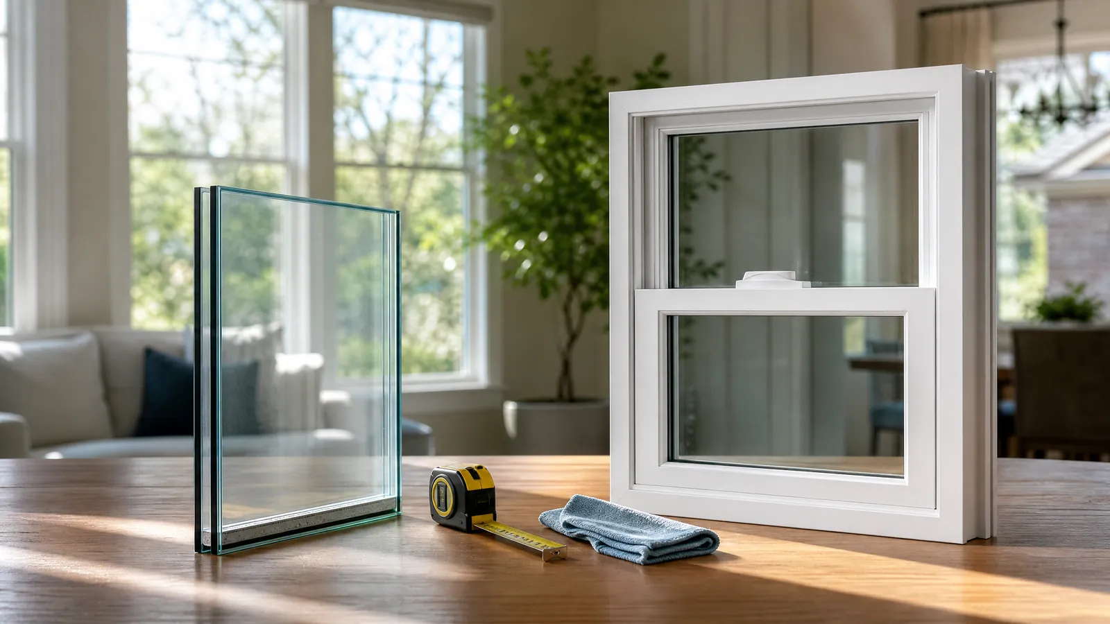 Side-by-side comparison of a standalone insulated glass unit and a complete window frame on a table