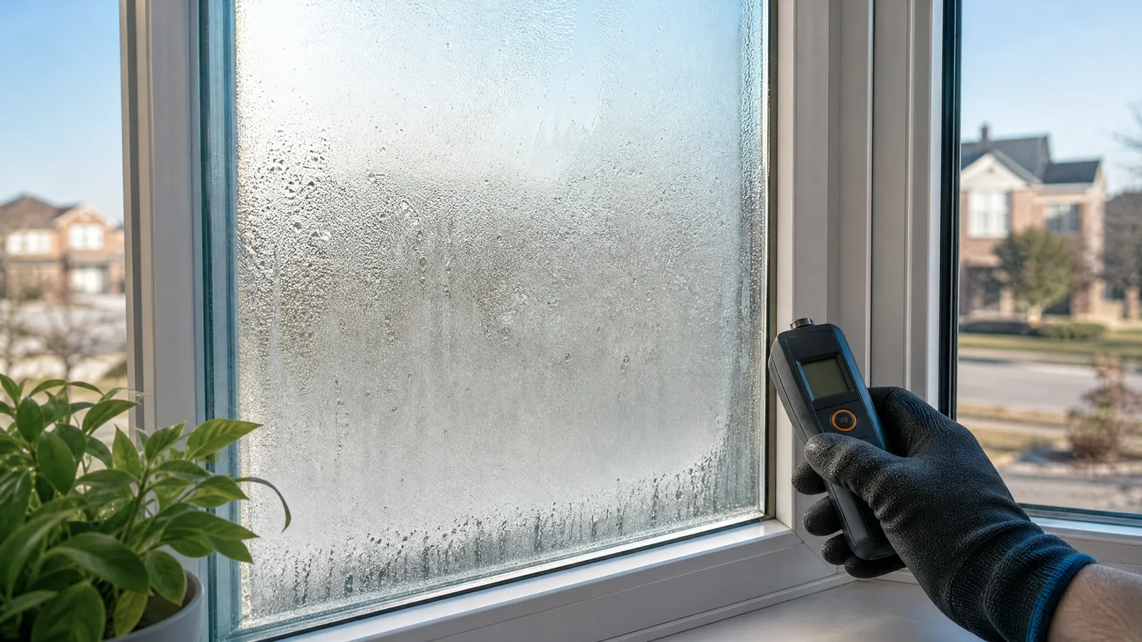 Close-up of a double-pane window with trapped condensation and a technician assessing the foggy glass
