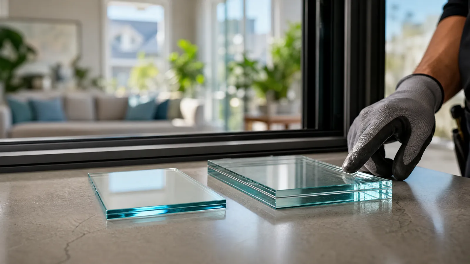 Close-up comparison of two window glass panes with different thicknesses resting on a modern countertop in a sunlit home