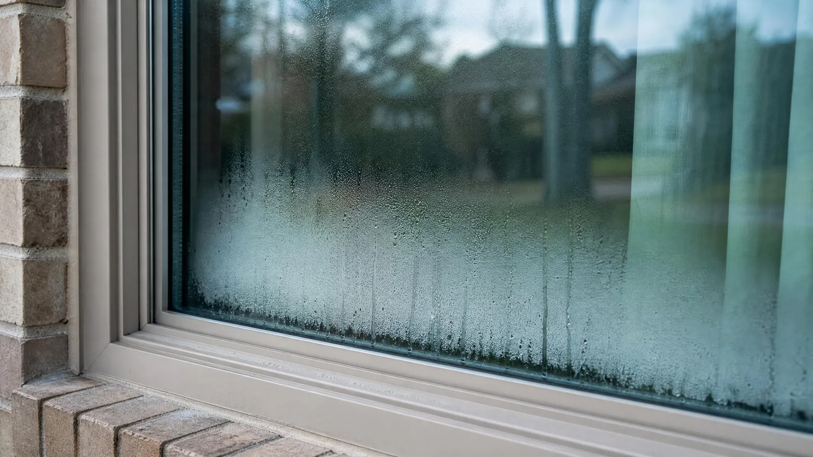 Close-up of a residential double-pane window with severe condensation and fogging between the glass panes