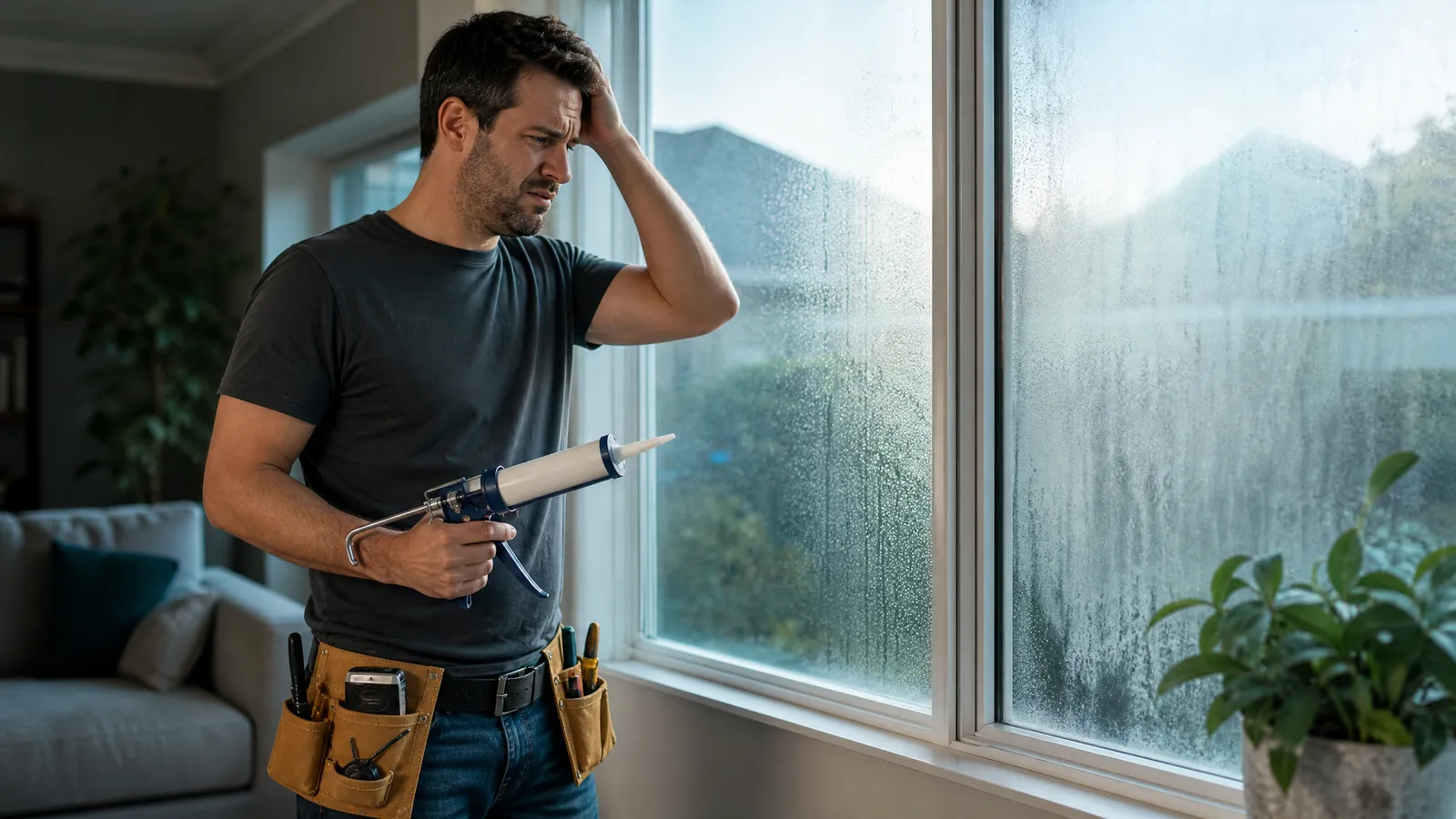 Frustrated homeowner holding basic tools while looking at a severely fogged double-pane window in a Dallas home