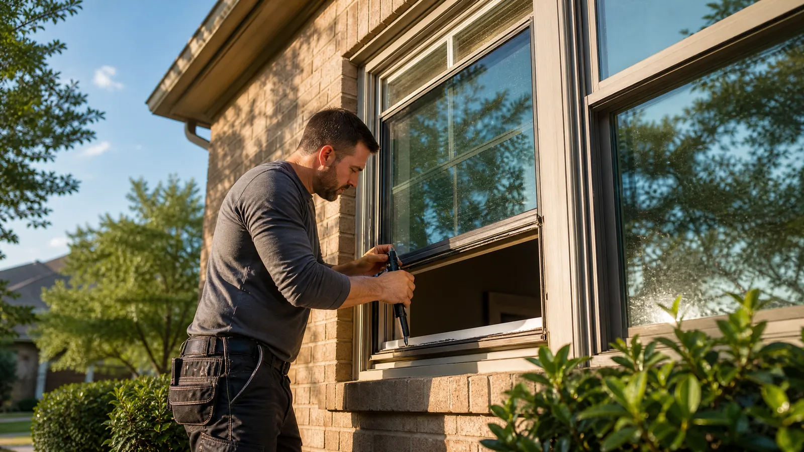 Professional installer preparing a brick home window frame for new glass during mild Texas weather