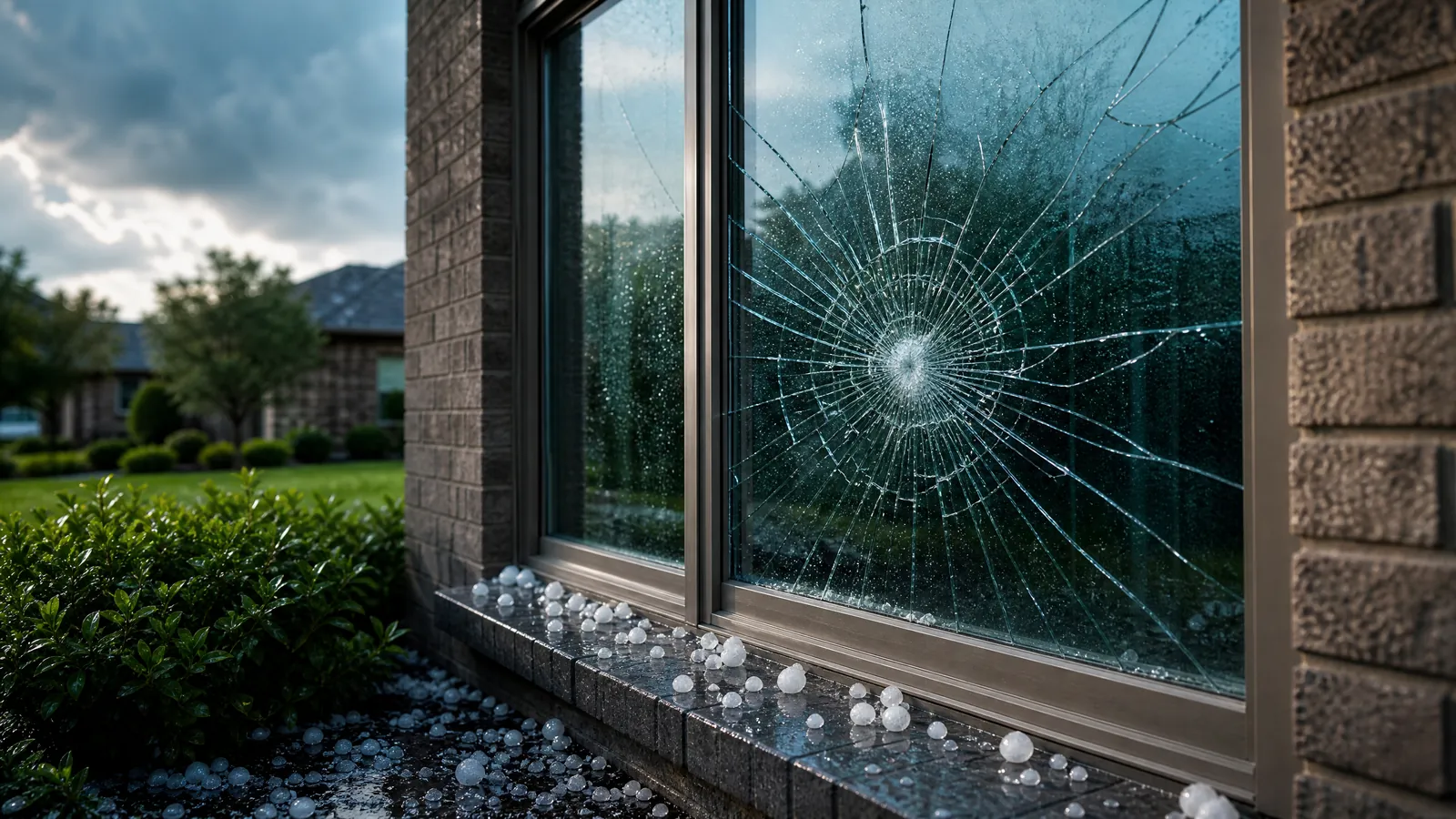 Close-up of a cracked residential window with hailstones resting on the sill after a Dallas storm
