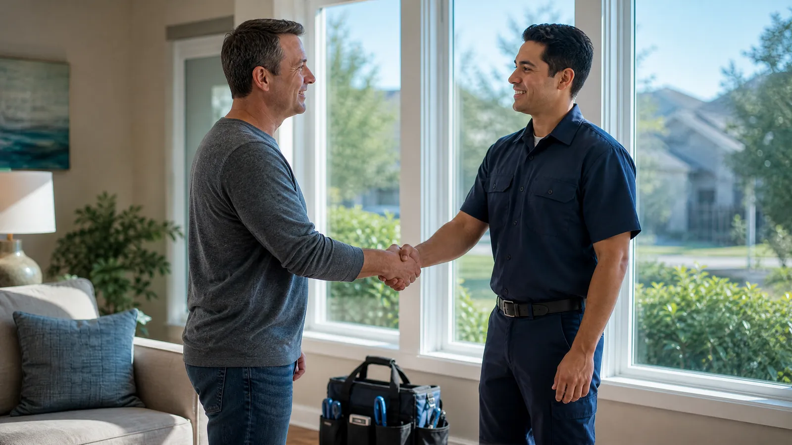 Homeowner shaking hands with a professional window repair technician in a Dallas residence