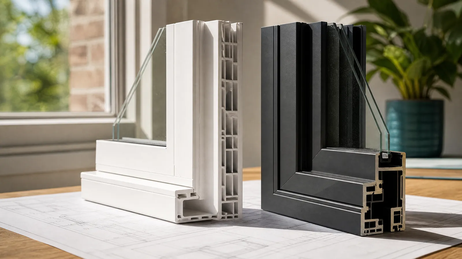 Side-by-side comparison of white vinyl and dark fiberglass window frame corner cutaways on a drafting table