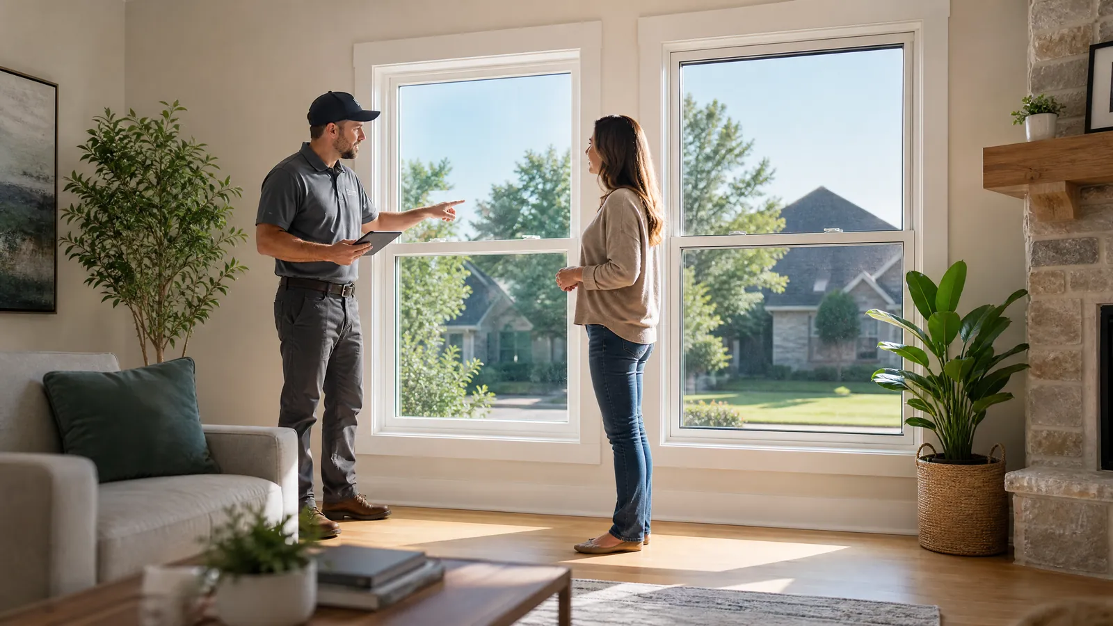 Contractor and homeowner discussing full window replacement versus foggy glass repair in a sunlit living room