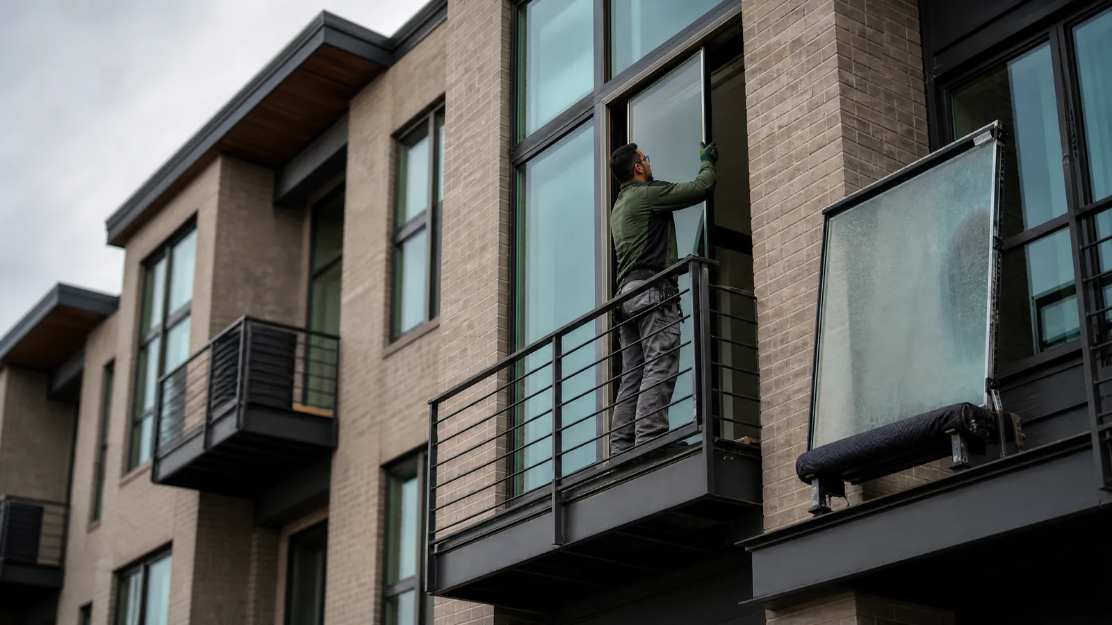 A townhome exterior with a technician replacing a foggy upper-floor window unit